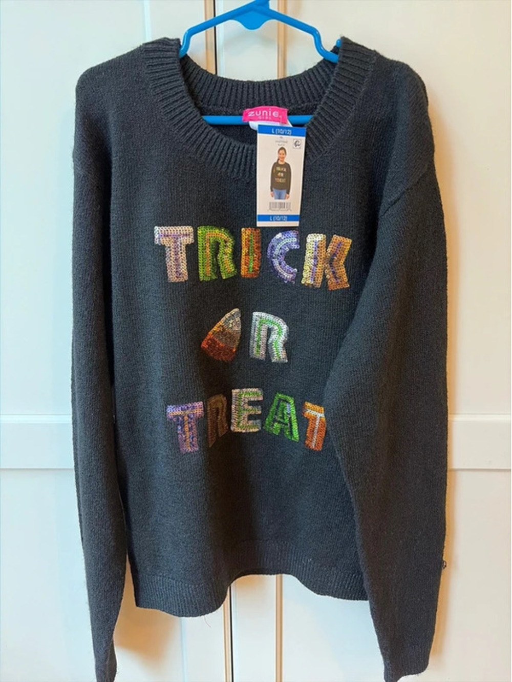 Zunie Girls Trick or Treat Halloween Sweater L 10/12 NWT – Sleeve Pull